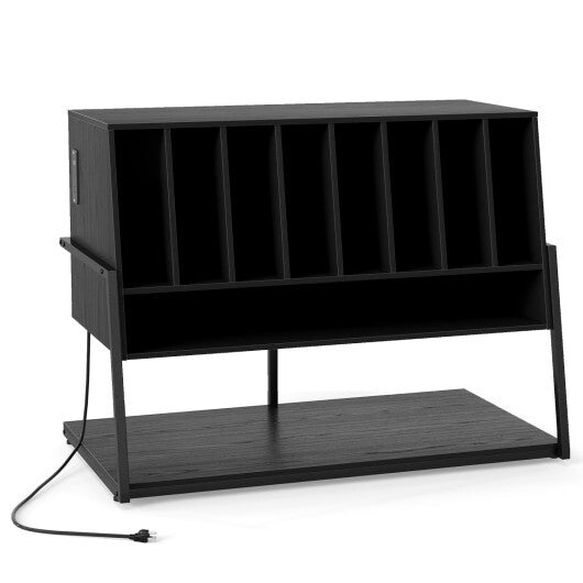 Turntable Stand with Charging Station and Vinyl Storage Shelves-Black W2B