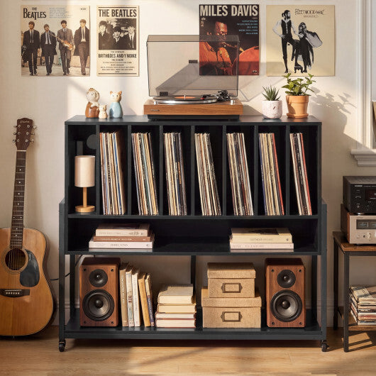 Turntable Stand with Charging Station and Vinyl Storage Shelves-Black W2B