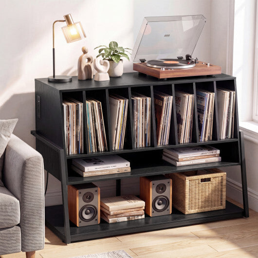 Turntable Stand with Charging Station and Vinyl Storage Shelves-Black W2B
