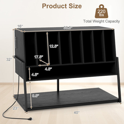 Turntable Stand with Charging Station and Vinyl Storage Shelves-Black W2B