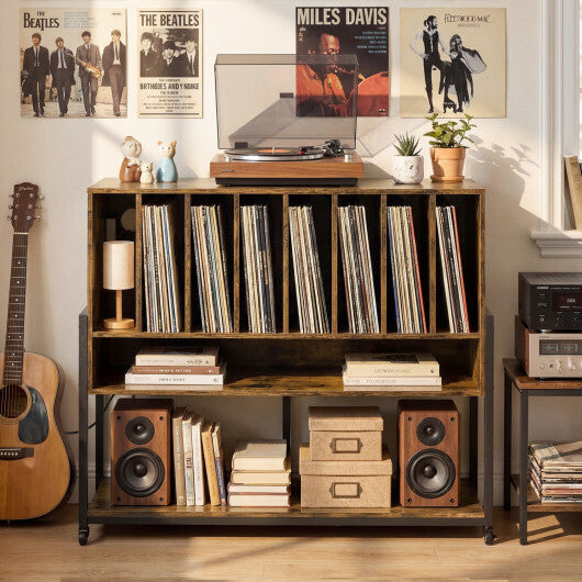 Turntable Stand with Charging Station and Vinyl Storage Shelves-Black W2B