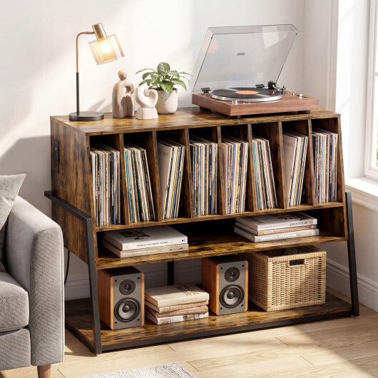 Turntable Stand with Charging Station and Vinyl Storage Shelves-Black W2B