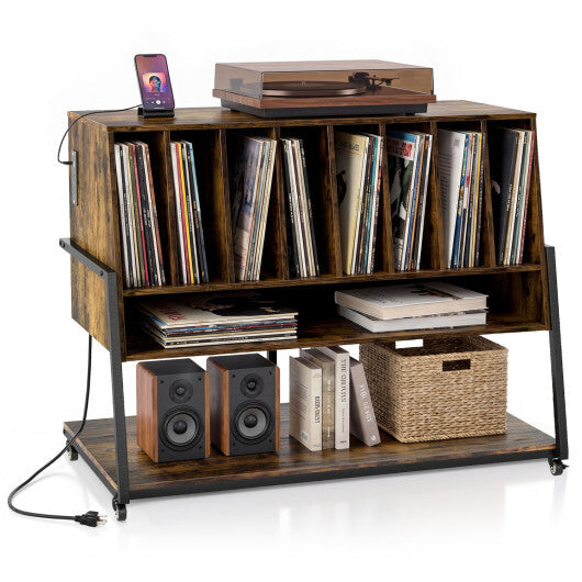 Turntable Stand with Charging Station and Vinyl Storage Shelves-Black W2B