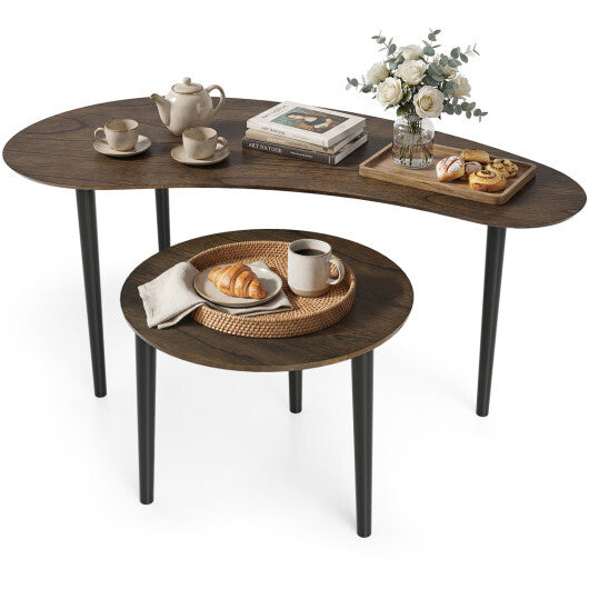2 Pieces Mid Century Nesting Tables with Rubber Wood Legs-Walnut W2B