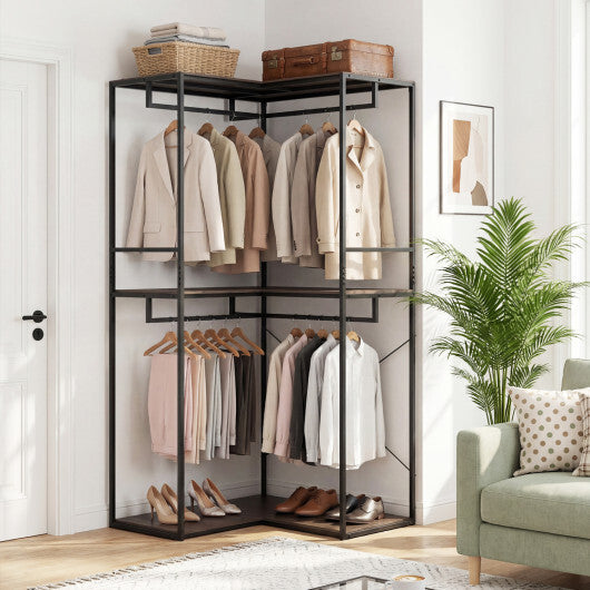 3-Tier Heavy Duty Clothes Rack with 3 Shelves & 2 Hanging Racks-Black & Brown W2B