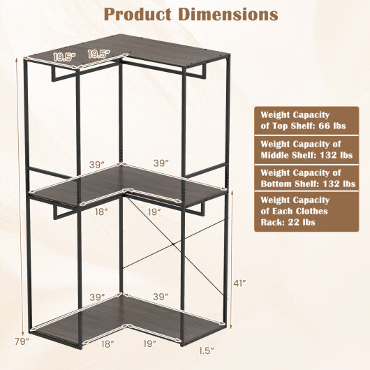 3-Tier Heavy Duty Clothes Rack with 3 Shelves & 2 Hanging Racks-Black & Brown W2B