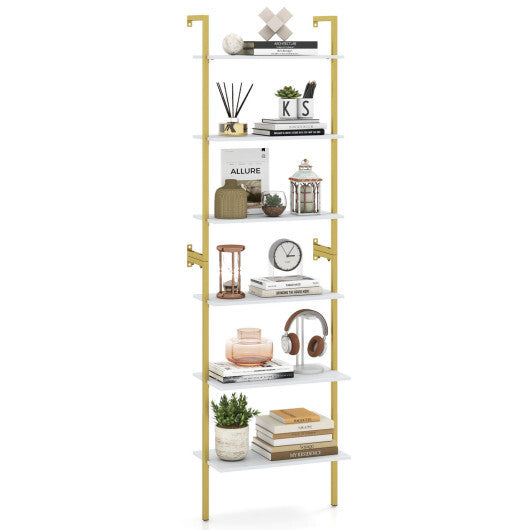 6-Tier Freestanding ladder Storage bookshelf with Metal Frame for Study and Pantry-White W2B