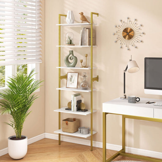 6-Tier Freestanding ladder Storage bookshelf with Metal Frame for Study and Pantry-White W2B
