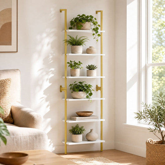 6-Tier Freestanding ladder Storage bookshelf with Metal Frame for Study and Pantry-White W2B