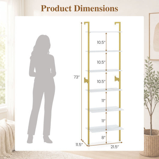 6-Tier Freestanding ladder Storage bookshelf with Metal Frame for Study and Pantry-White W2B