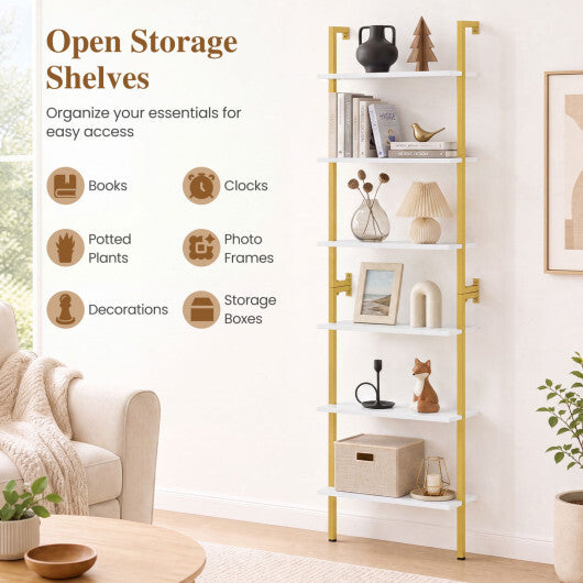6-Tier Freestanding ladder Storage bookshelf with Metal Frame for Study and Pantry-White