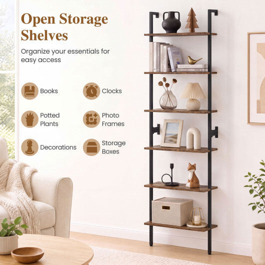 6-Tier Freestanding ladder Storage bookshelf with Metal Frame for Study and Pantry-White W2B