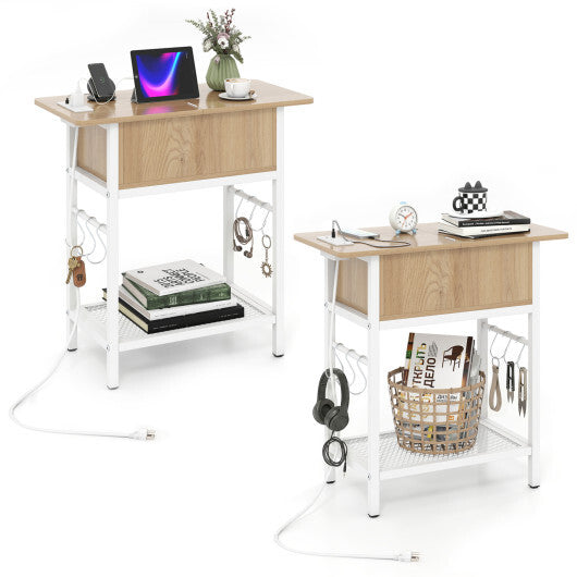 Set of 2 End Table with Charging Station and Hidden Compartment-Natural W2B