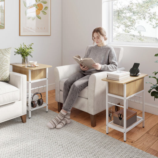 Set of 2 End Table with Charging Station and Hidden Compartment-Natural W2B