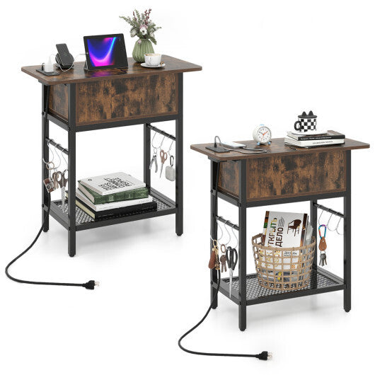Set of 2 End Table with Charging Station and Hidden Compartment-Natural W2B