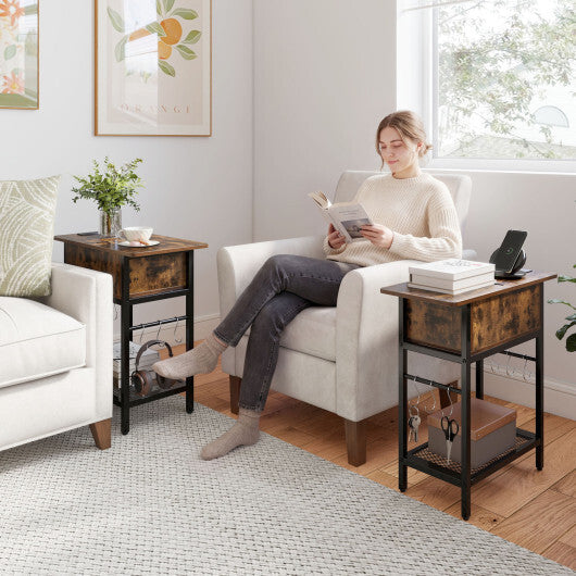 Set of 2 End Table with Charging Station and Hidden Compartment-Natural W2B