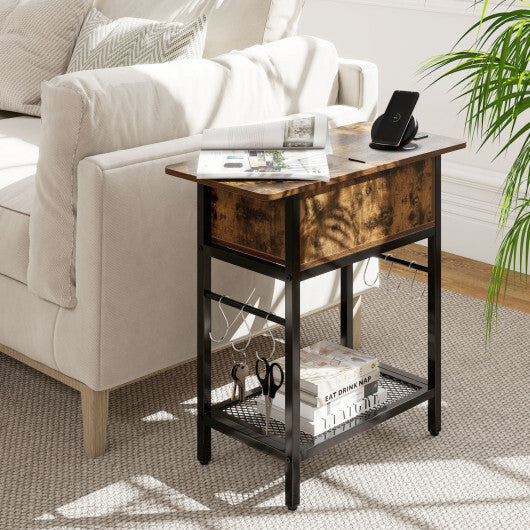 Set of 2 End Table with Charging Station and Hidden Compartment-Natural W2B