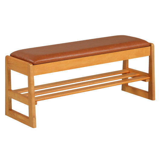Shoe Rack Bench with Storage 2-Tier Rubberwood Entryway Bench with Flip-Open Storage-Brown W2B