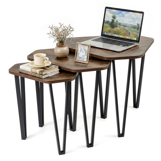 Set of 3 Nesting Coffee Tables with Engineered Wood Top and Metal Frame for Living Room-Rustic Brown W2B