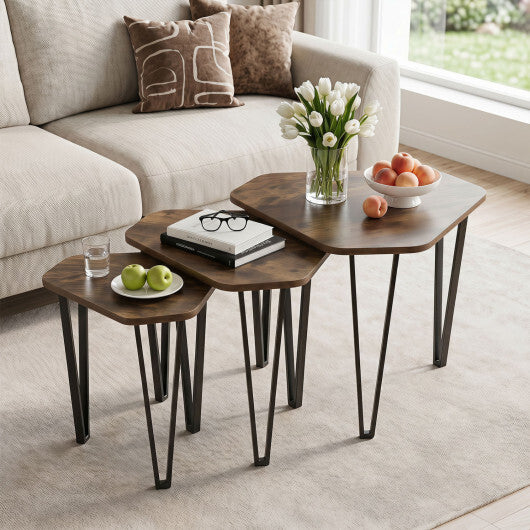 Set of 3 Nesting Coffee Tables with Engineered Wood Top and Metal Frame for Living Room-Rustic Brown W2B