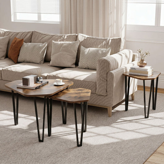Set of 3 Nesting Coffee Tables with Engineered Wood Top and Metal Frame for Living Room-Rustic Brown W2B