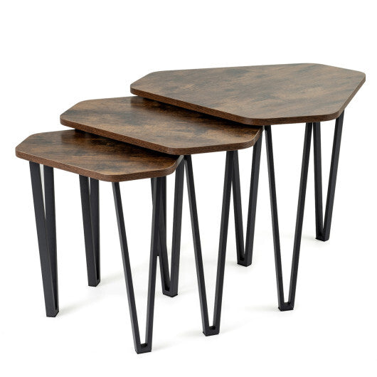 Set of 3 Nesting Coffee Tables with Engineered Wood Top and Metal Frame for Living Room-Rustic Brown W2B