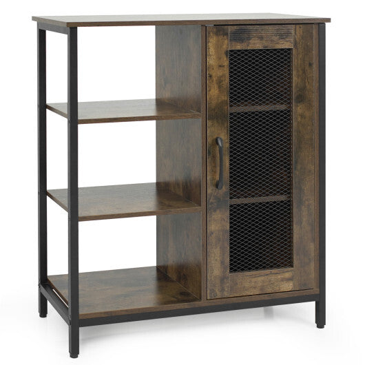 Industrial Side Cabinet with Metal Mesh Door and 3 Open Shelves-Rustic Brown W2B