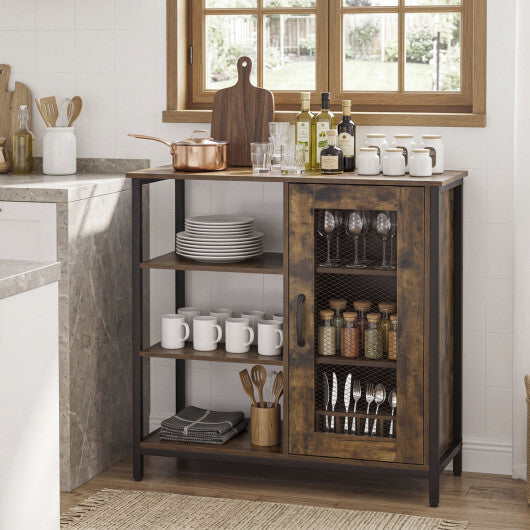 Industrial Side Cabinet with Metal Mesh Door and 3 Open Shelves-Rustic Brown W2B