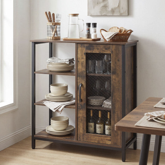 Industrial Side Cabinet with Metal Mesh Door and 3 Open Shelves-Rustic Brown W2B