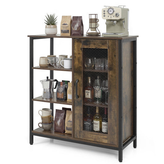 Industrial Side Cabinet with Metal Mesh Door and 3 Open Shelves-Rustic Brown W2B