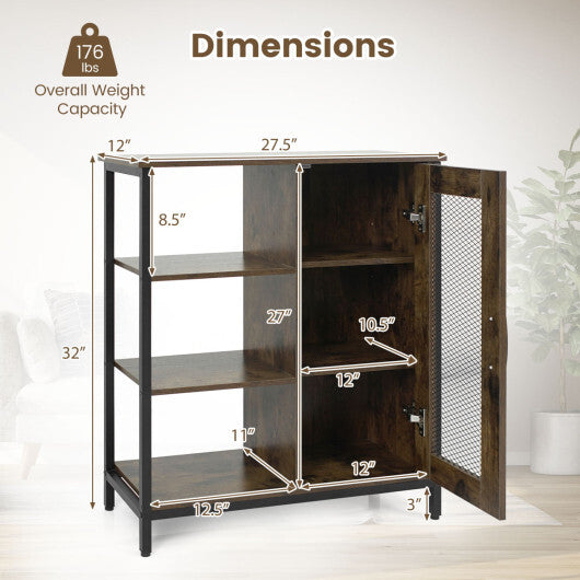 Industrial Side Cabinet with Metal Mesh Door and 3 Open Shelves-Rustic Brown W2B
