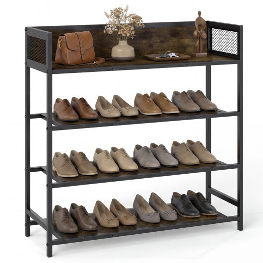 4-Tier Shoe Rack Industrial Shoe Organizer with Heavy Duty Metal Frame-Rustic Brown W2B