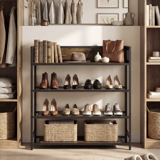 4-Tier Shoe Rack Industrial Shoe Organizer with Heavy Duty Metal Frame-Rustic Brown W2B