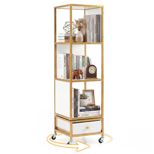 4-Tier Rotating Bookshelf on Wheels with Removable Drawer-White W2B
