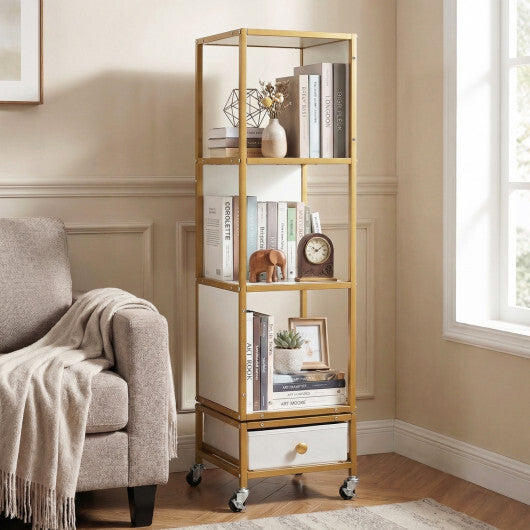 4-Tier Rotating Bookshelf on Wheels with Removable Drawer-White W2B