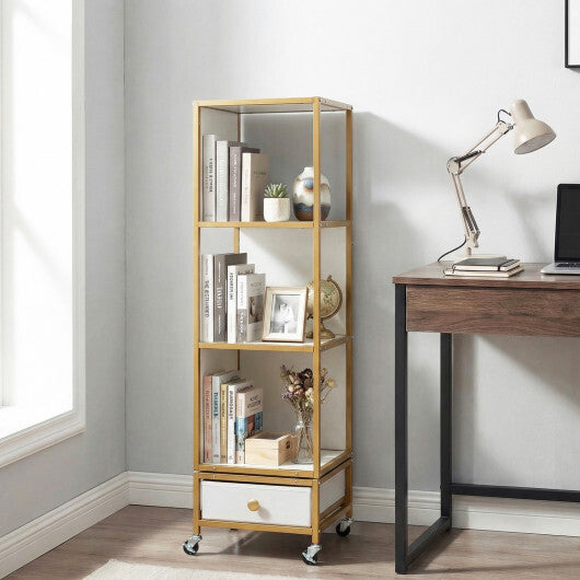 4-Tier Rotating Bookshelf on Wheels with Removable Drawer-White W2B