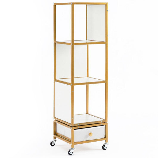 4-Tier Rotating Bookshelf on Wheels with Removable Drawer-White W2B