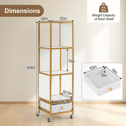 4-Tier Rotating Bookshelf on Wheels with Removable Drawer-White W2B