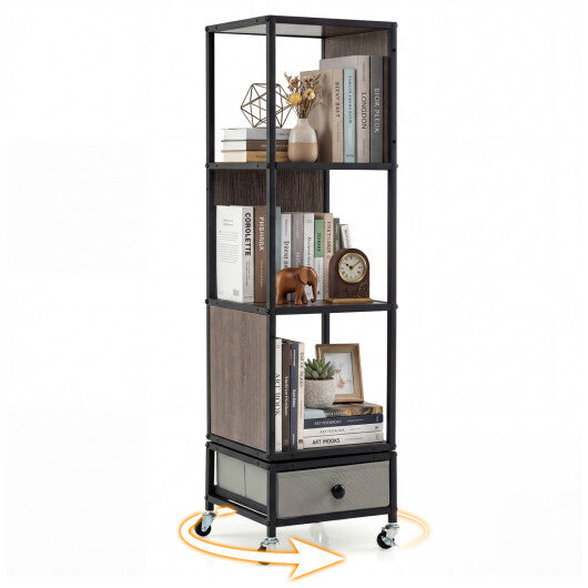 4-Tier Rotating Bookshelf on Wheels with Removable Drawer-White W2B