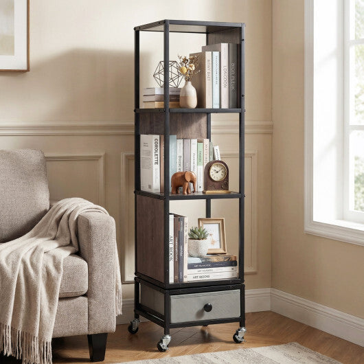 4-Tier Rotating Bookshelf on Wheels with Removable Drawer-White W2B