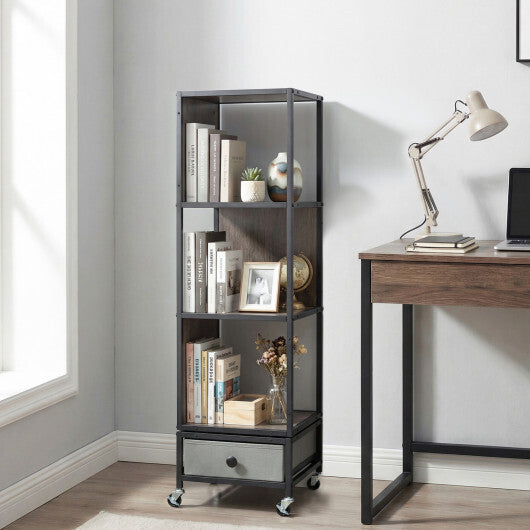 4-Tier Rotating Bookshelf on Wheels with Removable Drawer-White W2B