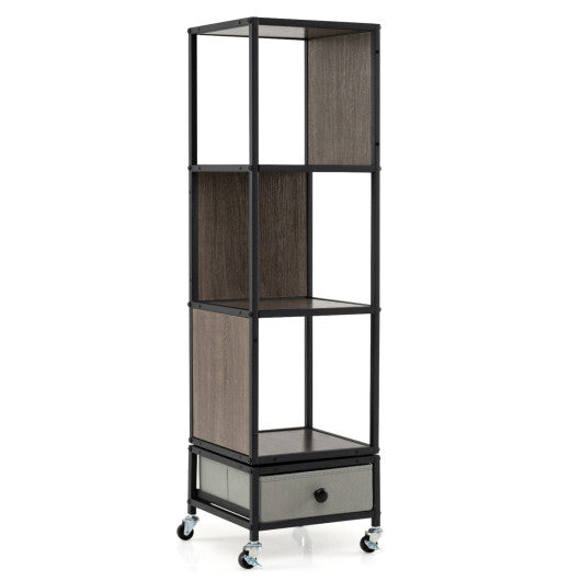 4-Tier Rotating Bookshelf on Wheels with Removable Drawer-White W2B