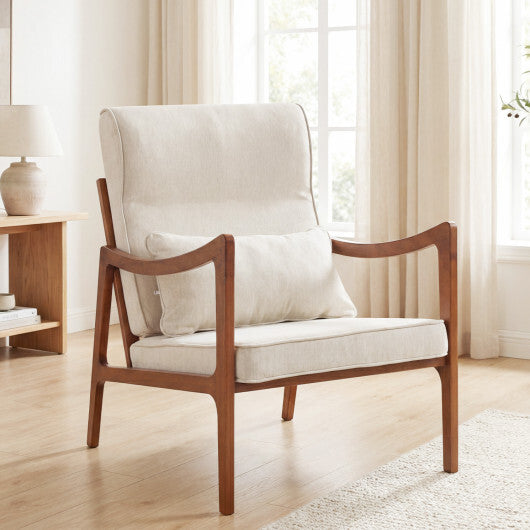 Modern Accent Chair with Solid Rubber Wood Faux Leather Upholstered Armchair-White W2B