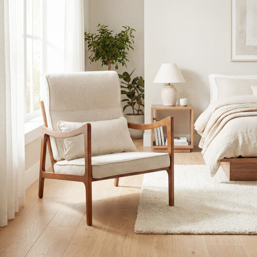 Modern Accent Chair with Solid Rubber Wood Faux Leather Upholstered Armchair-White W2B