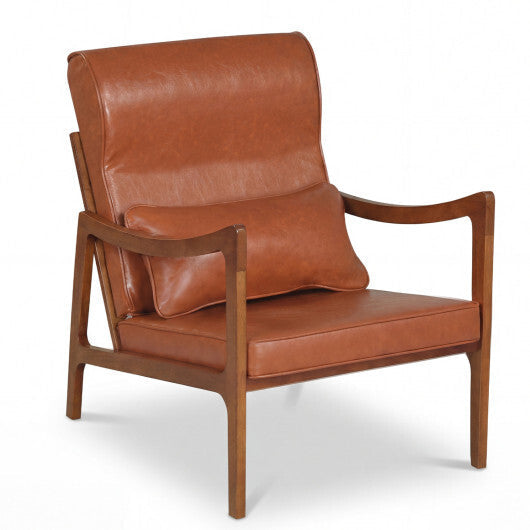 Modern Accent Chair with Solid Rubber Wood Faux Leather Upholstered Armchair-White W2B