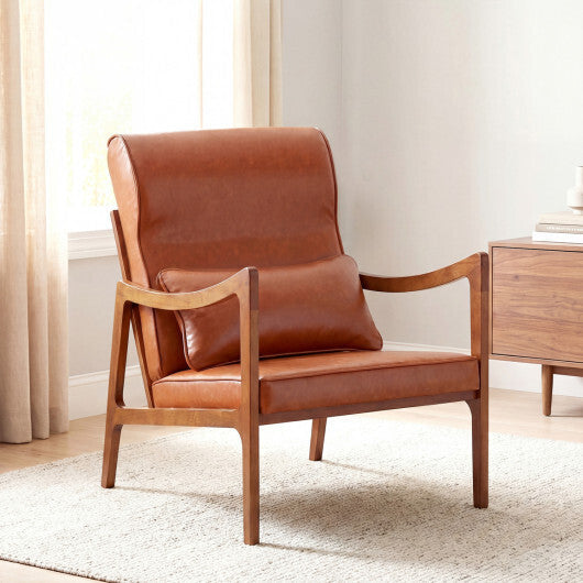 Modern Accent Chair with Solid Rubber Wood Faux Leather Upholstered Armchair-White W2B