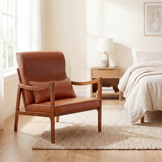 Modern Accent Chair with Solid Rubber Wood Faux Leather Upholstered Armchair-White W2B