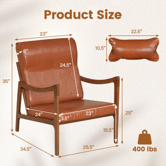 Modern Accent Chair with Solid Rubber Wood Faux Leather Upholstered Armchair-White W2B