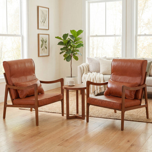 Modern Accent Chair with Solid Rubber Wood Faux Leather Upholstered Armchair-White W2B