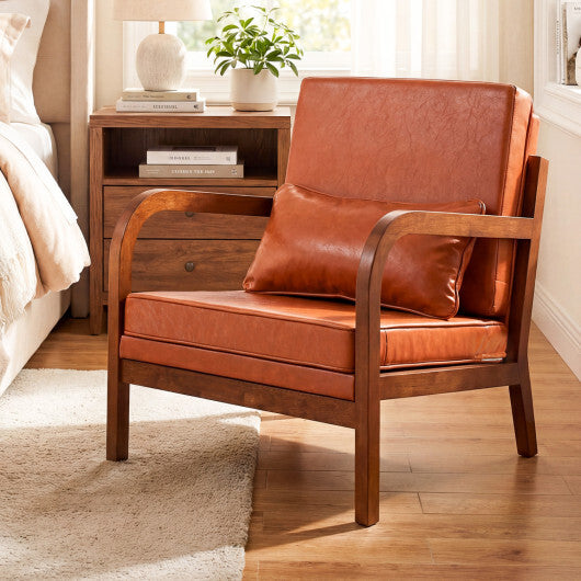 Modern Accent Chair Faux Leather Linen Fabric Upholstered Armchair-Brown W2B